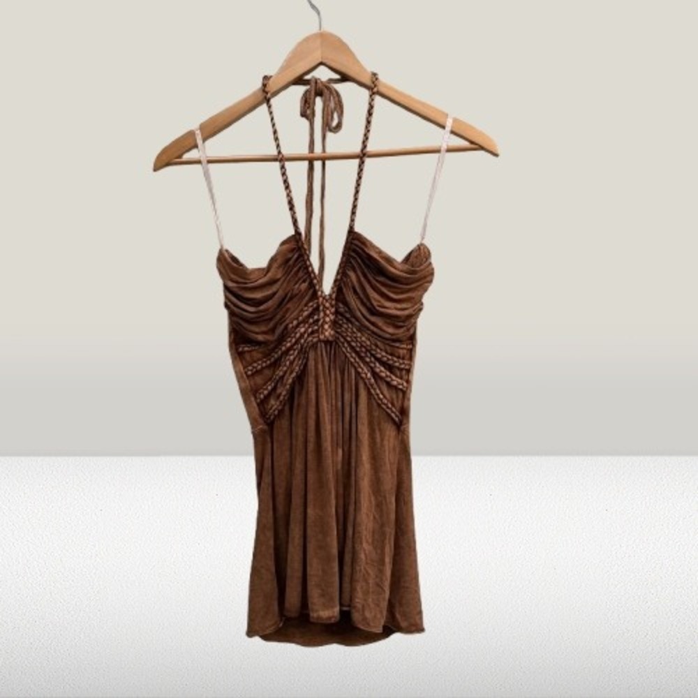 NEW Sky Braided Halter Top Ruched Sleeveless Brown Small